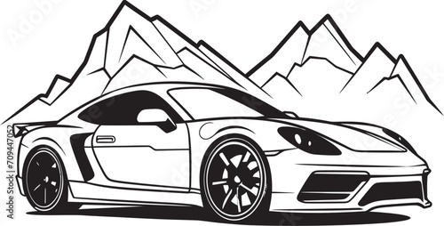 Ridge Reverie Dynamic Black Logo Design Showcasing a Sports Car Triumphing on Mountain Routes Pinnacle Panorama Sleek Vector Icon of a Sports Car Mastering Black Mountain Roads