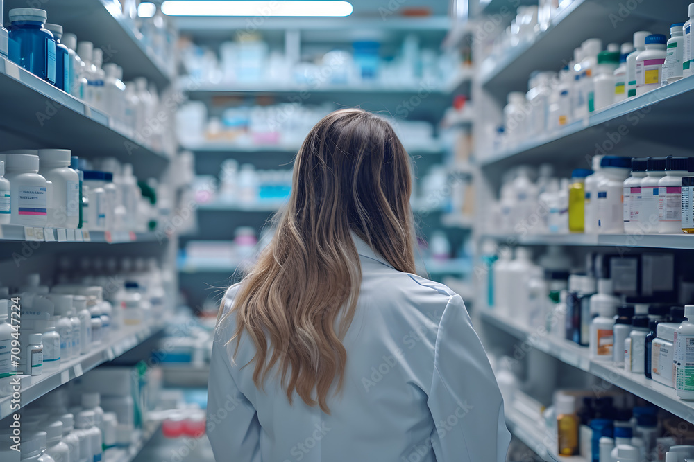 Pharmacy Technician Looking at Shelves Full of Medicine