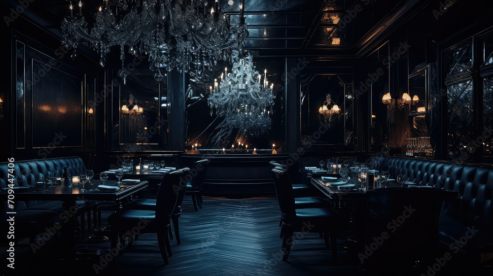 mood dark restaurant background illustration dim shadow, cozy elegant, romantic mysterious mood dark restaurant background