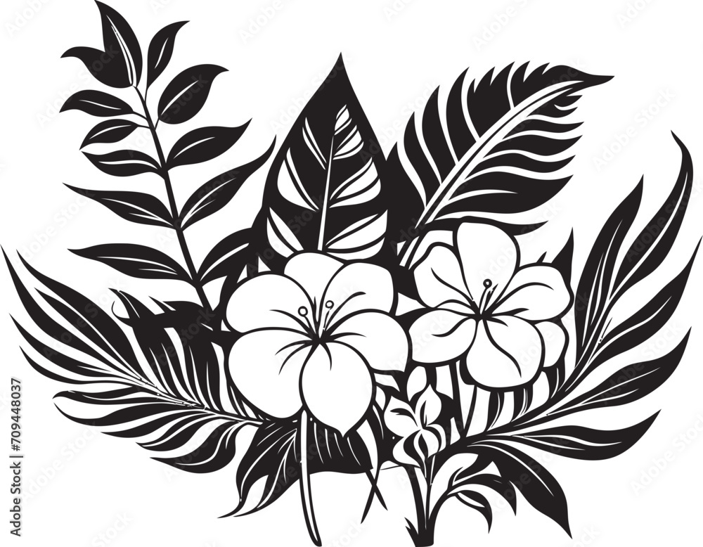 Tropic Elegance Iconic Symbol in Black Featuring Plant Leaves and Flower Vectors 