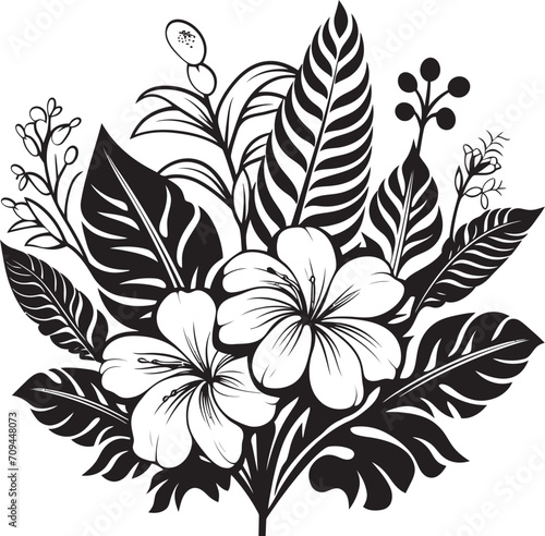 Eco Tropics Iconic Black Logo Design with Plant Leaves and Flowers 