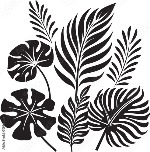 Exotic Foliage Vector Black Logo Design with Tropical Plant Leaves and Flowers 