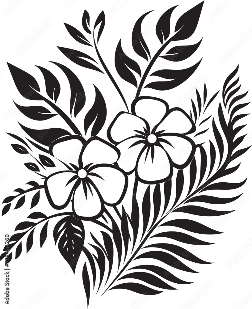 Island Oasis Dynamic Black Logo Design with Tropical Plant Leaves and Flowers 