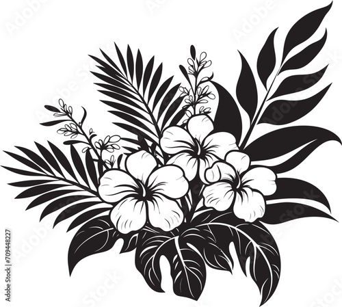 Tropical Allure Iconic Symbol in Black with Plant Leaves and Flower Vectors 