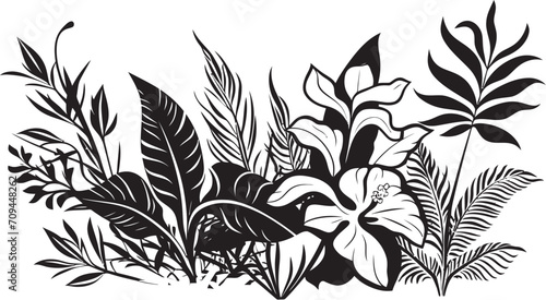 Paradise Petals Sleek Vector Icon of Tropical Plant Leaves and Flowers in Black 