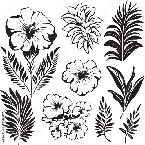 Jungle Harmony Vector Black Logo Featuring Exotic Plant Leaves and Flowers 