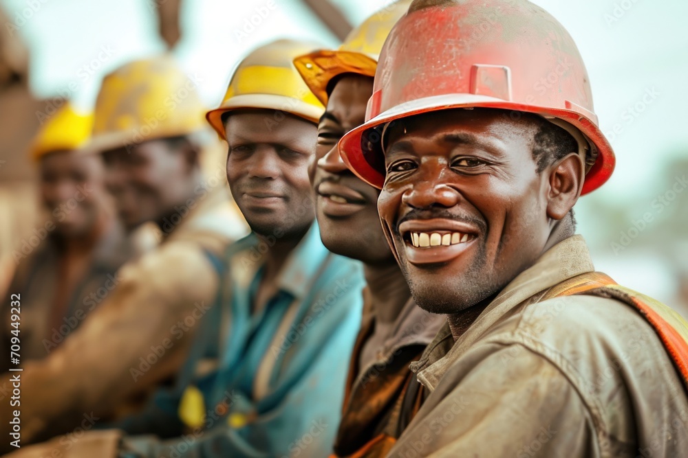A group of smiling construction workers wearing uniforms A group of smiling construction workers wearing uniforms