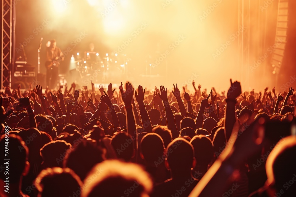 A massive crowd cheering around a concert stage.  - obrazy, fototapety, plakaty 