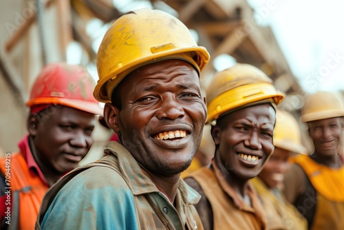 group of smiling construction workers wearing uniforms 