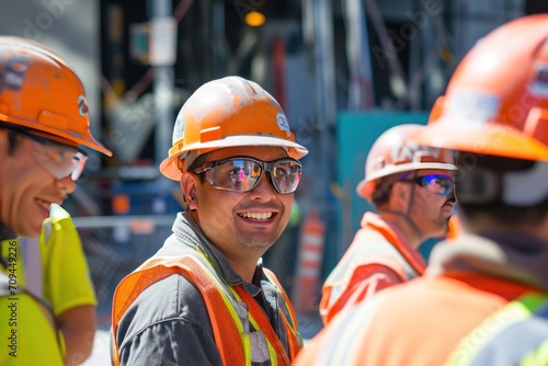 group of smiling construction workers wearing uniforms  photo