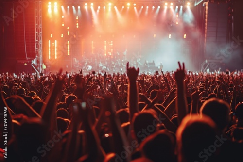 A massive crowd cheering around a concert stage. 