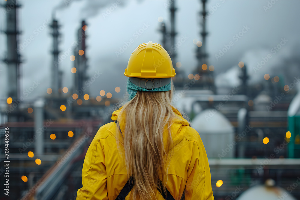Woman Standing Behind an Oil Refinery in a Yellow Hat Woman Standing Behind an Oil Refinery in a Yellow Hat