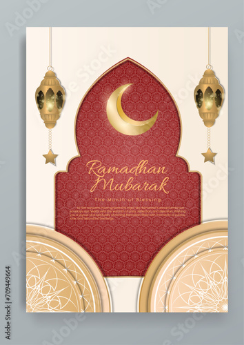 Ramadan card. Gold white and red vector flat ramadan kareem celebration greeting cards