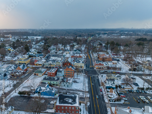Early evening winter aerial photo of the four corners in the Village of Pittsford, New York. (01-14-2024)