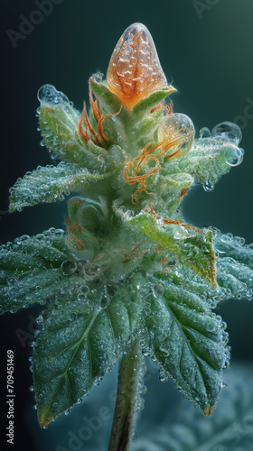 Cannabis Bud Close-up with Trichomes and Dew