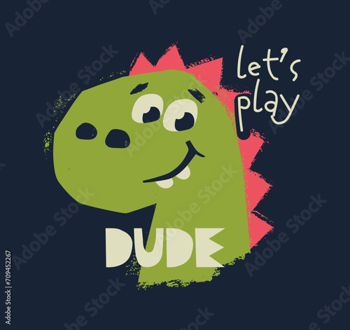 Dino cute and funny t-shirt print. Dinosaur t-rex kids design, tyrannosaurus nursery poster.