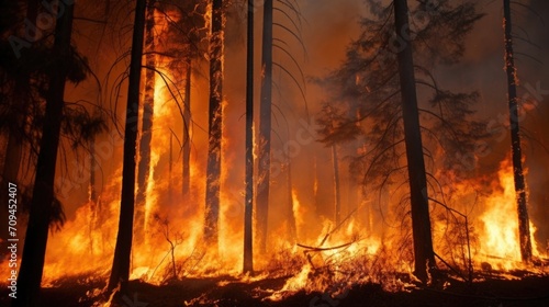 Flames leap from tree to tree, as the wildfire spreads out of control through the forest.