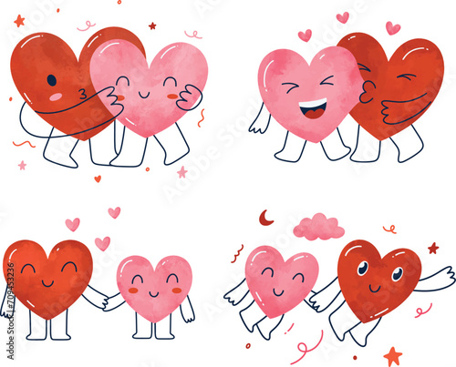 Watercolor mascot heart. Cartoon watercolor romantic Valentines day sticker, cute hearts with leg and hands. Cute ove funny angel cupid and happy couple. Vector set