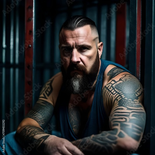 A big burly mean looking man dark thinning hair, and tattoos on his face and arms, sitting in a prison cell © freelanceartist