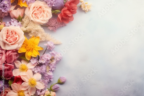 Bunch of spring flowers on textured table backgound with a lot of copy space for text. Top view, close up, flat lay composition. - generative ai