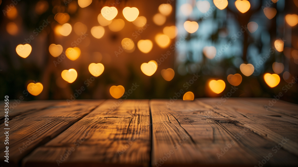 Empty wooden table with blurred background, Heart-shaped bokeh lights of six star luxury hotel room at valentine day Empty wooden table with blurred background, Heart-shaped bokeh lights of six star luxury hotel room at valentine day
