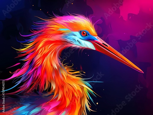 crane bird illustration in abstract, rainbow ultra-bright neon artistic portrait graphic highlighter lines on minimalist background. generative ai © KBL Sungkid