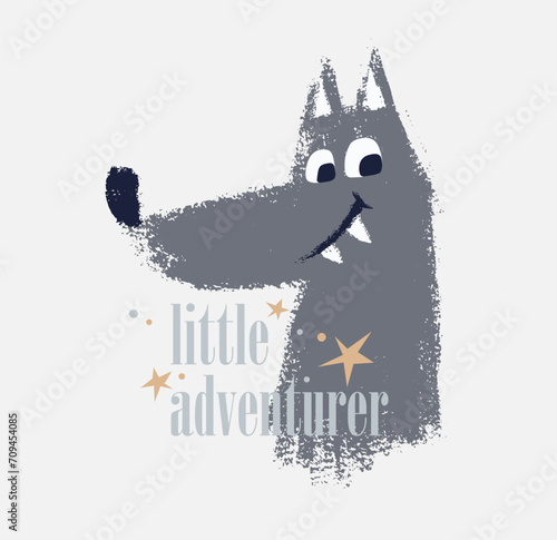 Wolf cute and funny dude t-shirt print. Forest friends kids design, wild animal nursery poste