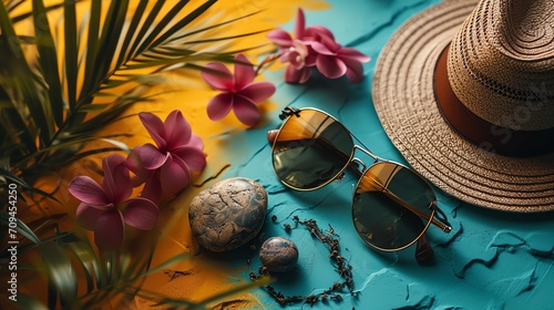 Tropical Traveler's Table with Sunglasses and Straw Hat 