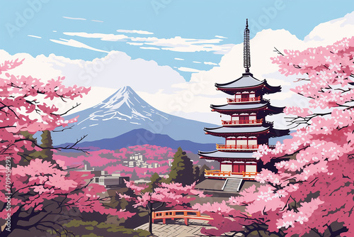 Japanese Buddhist Zen Temple with Spring Cherry Blossom  Pink Sakura Coloristic Graphic Vector Illustration for Mugs  T-shirts  and Merchandise