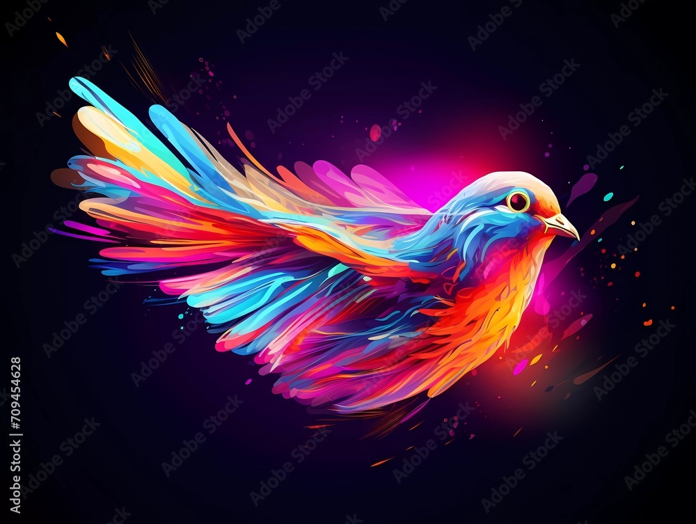dove bird illustration in abstract, rainbow ultra-bright neon artistic portrait graphic highlighter lines on minimalist background. generative ai