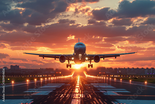 A captivating AI-generated image: A majestic plane ascends from an airport against a vibrant sunset sky, casting a warm glow, capturing the essence of departure and the beauty of a serene evening.