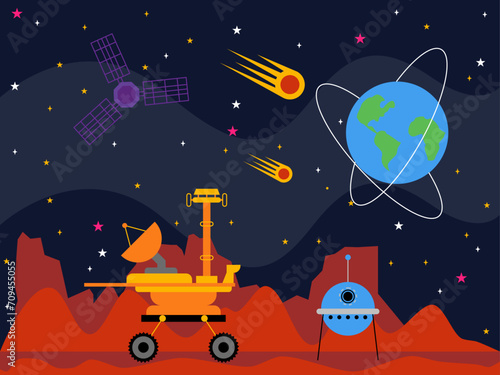 Moon rover with ufo. Outer space and astronaut vector illustrations.