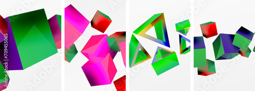 Flying 3d shapes, cubes and other geometric elements background design for wallpaper, business card, cover, poster, banner, brochure, header, website