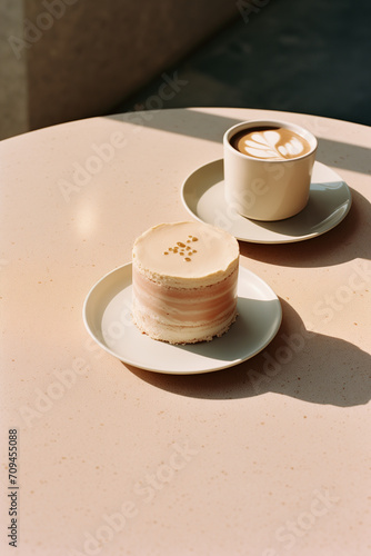 Cafe Latte Art with A Slice of Cake On Plate Artistic Table Corner Composition. Natural Lighting and Long Shadow, Minimalist Photo. Minimal Rustic Interior. Food photography. Desserts and Pastry.