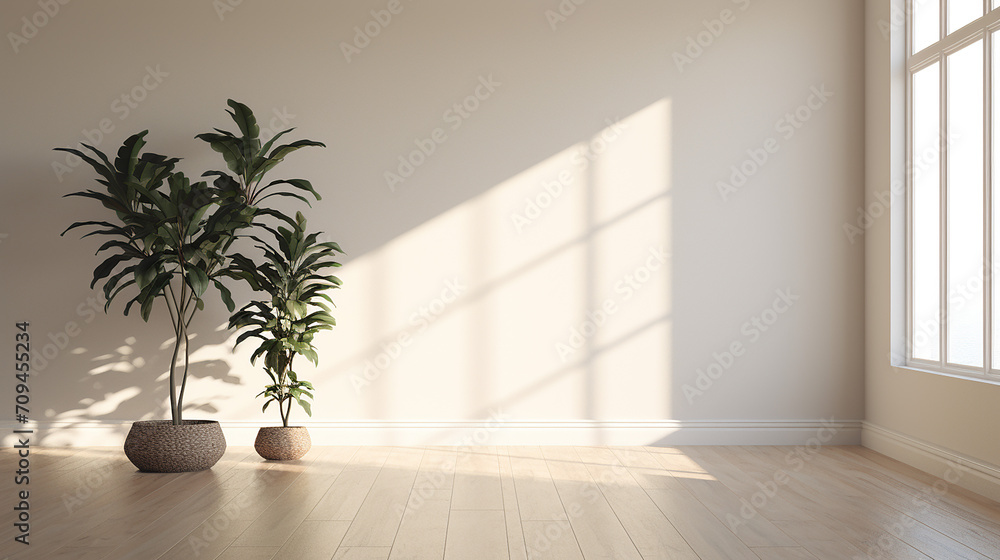 3d empty interior with home plant with sunlight and beige wooden floor 3d empty interior with home plant with sunlight and beige wooden floor