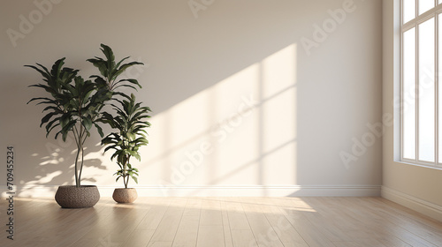 3d empty interior with home plant with sunlight and beige wooden floor