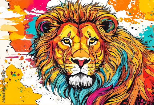 Close up of colorful lion face drawing vibrant vivid colored t-shirt design vector illustrations. Spectrum-spotted lion fierce beauty