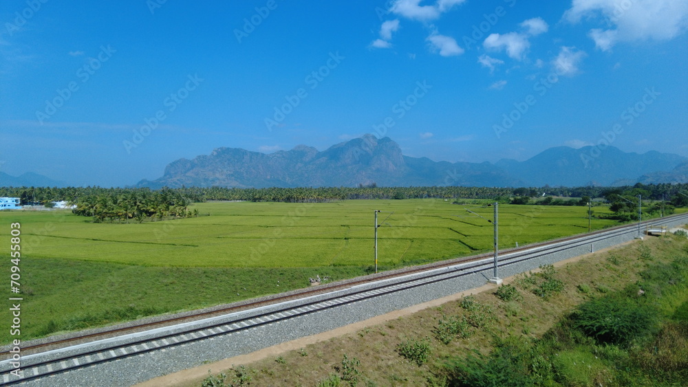 Nanjinaad paddy field and western ghats mountain range kanyakumari, Tamil Nadu