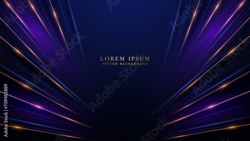 Elegant diagonal golden lines with glowing blue and glitter light effect on dark blue background