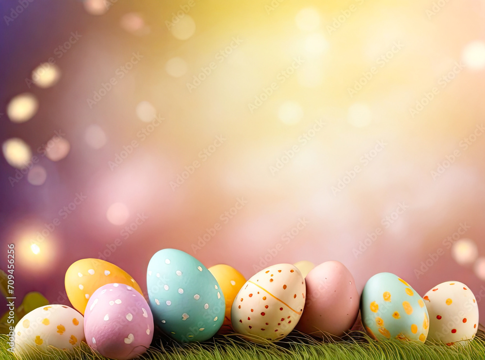 A colorful spring background with pastel Easter eggs scattered throughout the image. blur, bokeh