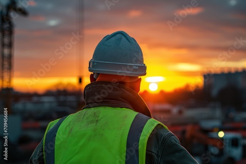 Back of engineer with steel structure in construction site during sunset 