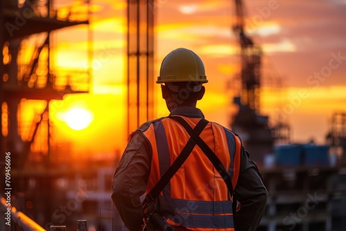 Back of engineer with steel structure in construction site during sunset 