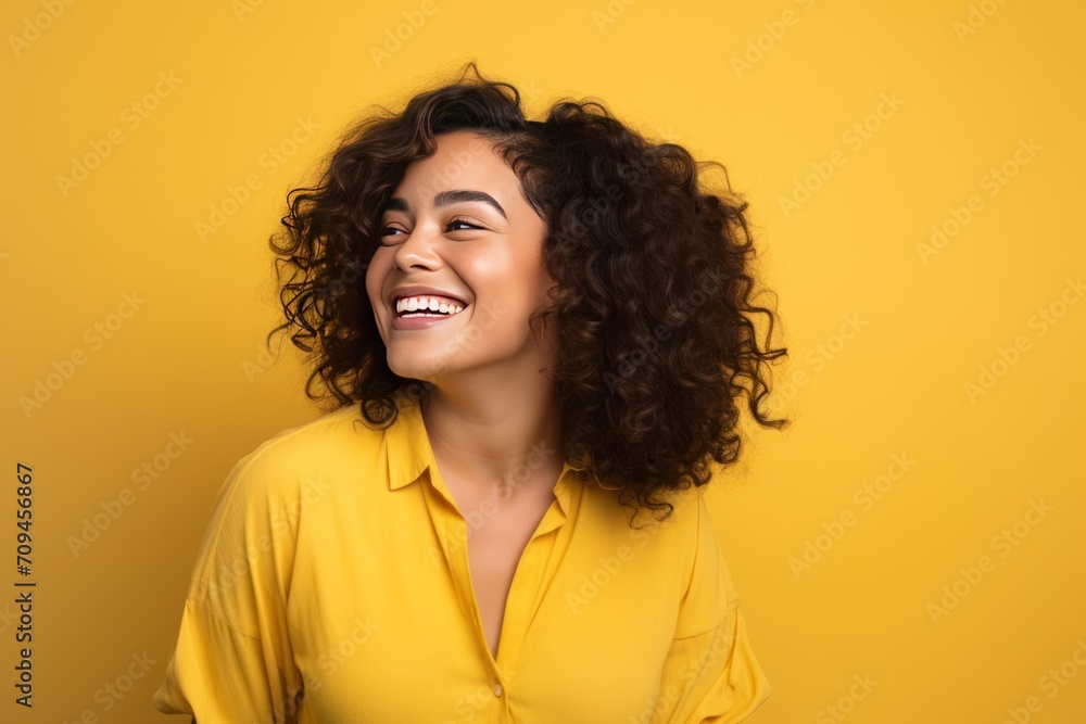 Cheerful fat latin woman smiling against a pastel yellow background Cheerful fat latin woman smiling against a pastel yellow background