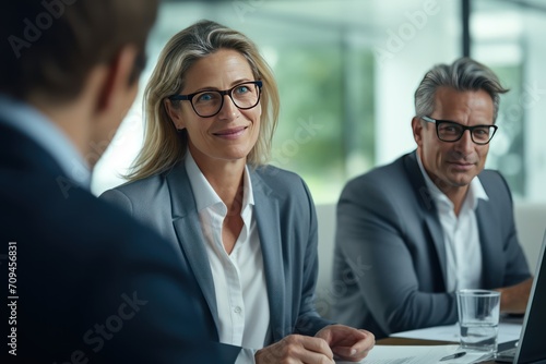 business woman Man discussing work project in office with members 