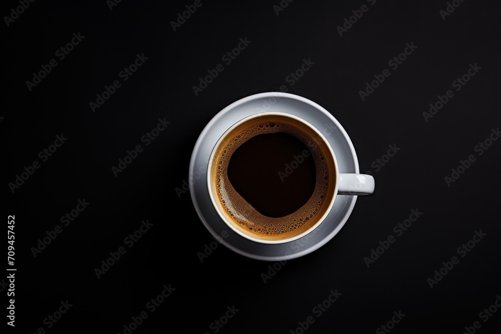 Cup of coffee on black background. Copy space. Top view. Flat lay. Cup of coffee on black background. Copy space. Top view. Flat lay.