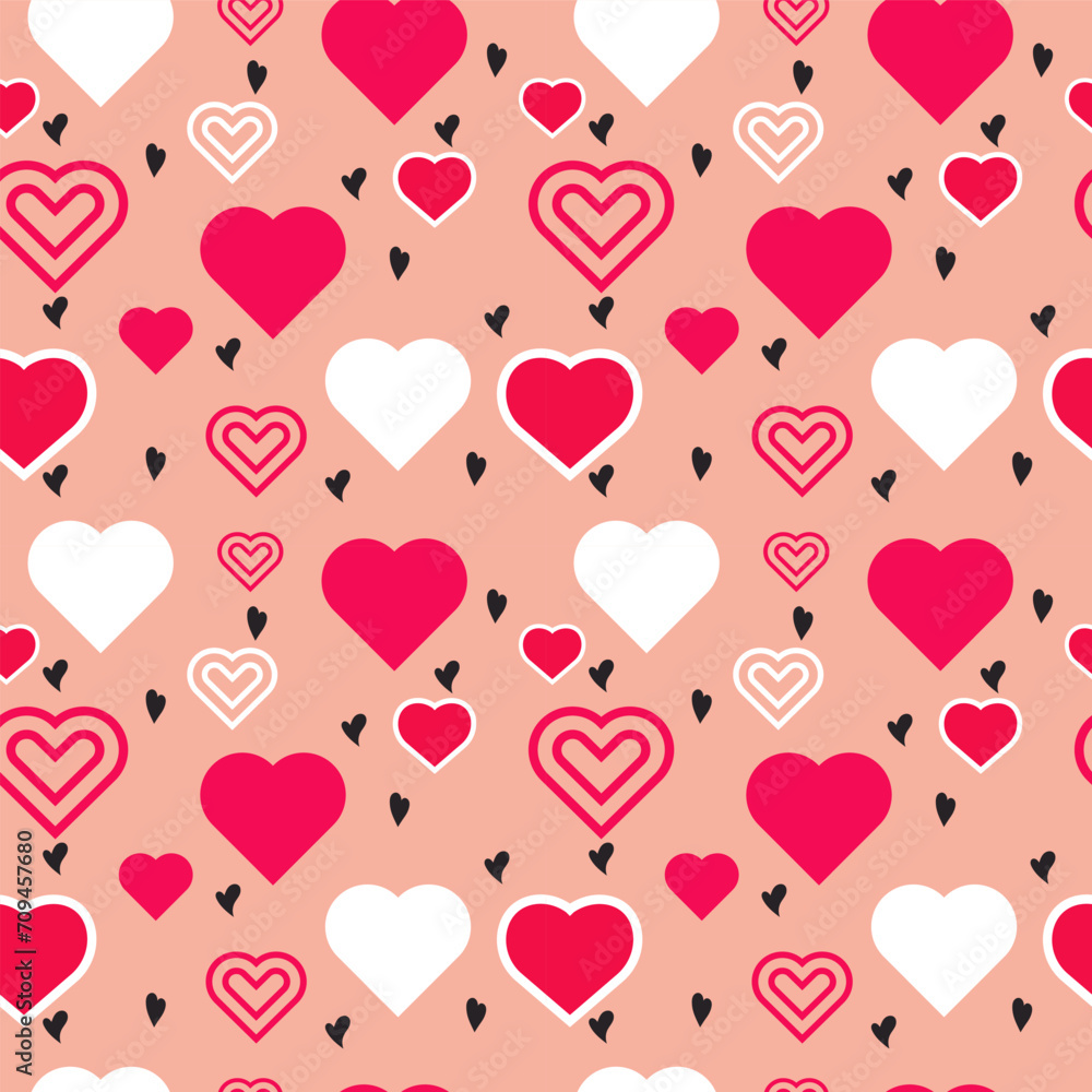 Valentine's Day seamless pattern with different hearts designs. Flat valentine day seamless patterns. Pretty hearts background. Flat design heart seamless pattern.  Cute heart shape vector background