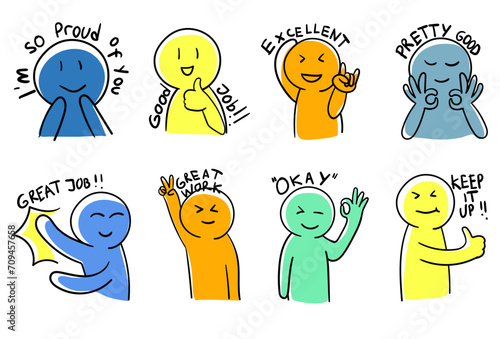 Hand drawn character illustration in various poses and emotion expression, presenting, looking forward. Good job and okay stickers. Hand drawn funny sticker set