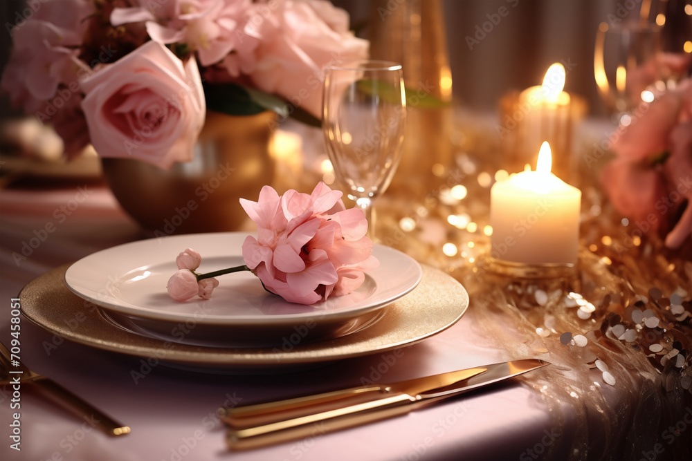 Beautiful table setting with flowers in room, closeup. Romantic dinner Beautiful table setting with flowers in room, closeup. Romantic dinner