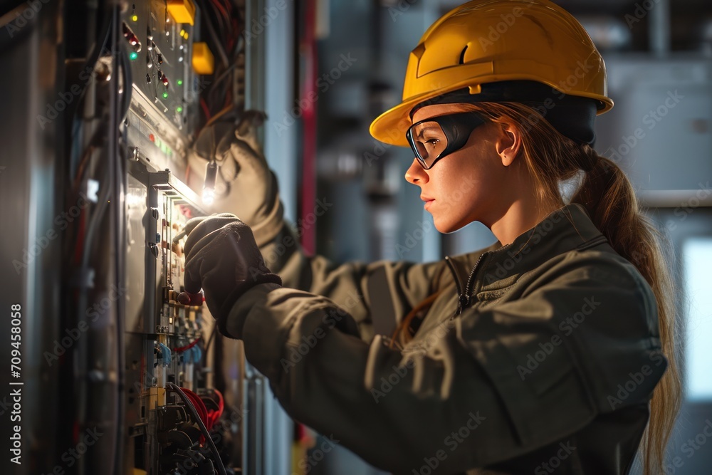 Female commercial electrician at work on a fuse box, adorned in safety gear, Female commercial electrician at work on a fuse box, adorned in safety gear,