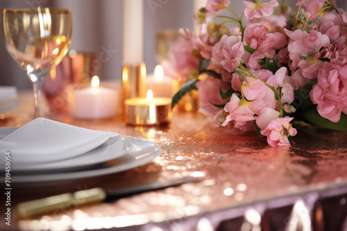 Beautiful table setting with pink flowers and candles on blurred background